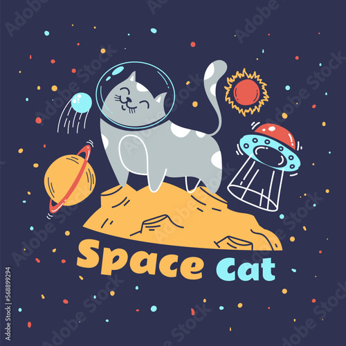 Cat astronaut space character cute animal print cartoon doodle style concept. Vector graphic design illustration
