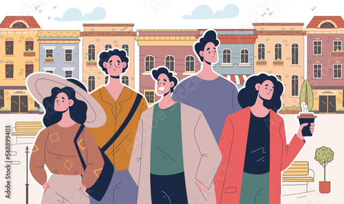 City urban street people walking group cityscape concept. Vector graphic design illustration
