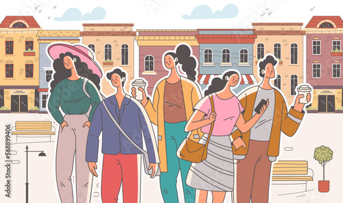 City urban street people walking group cityscape concept. Vector graphic design illustration
