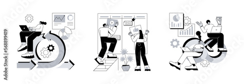 Software development company abstract concept vector illustration set. Agile project management, kanban board, devOps team, scrum meeting, project life cycle, stakeholder, testing abstract metaphor.