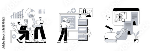 Project development specifications abstract concept vector illustration set. Business analysis, software requirement description, vision and scope document, SWOT analysis, user case abstract metaphor.