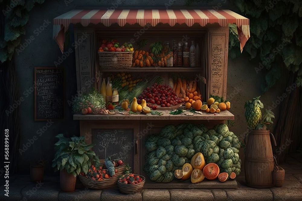 Fresh organic vegetables and fruits on the farmer's market shelf. Generative AI