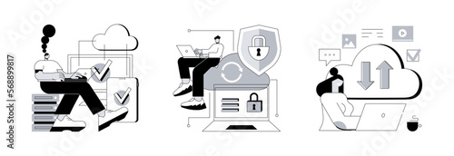 Cloud software abstract concept vector illustration set. SaaS technology, cloud computing security, cloud based engine, data protection, virtual application, storage access abstract metaphor.