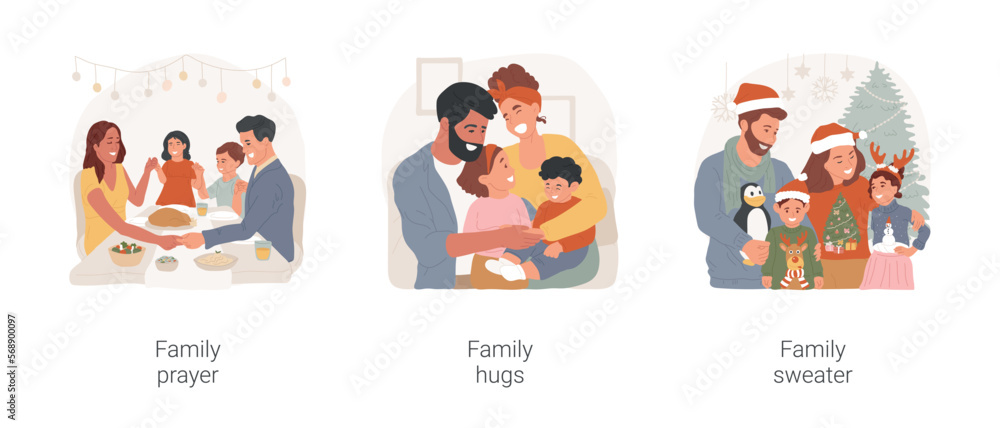 Family tradition isolated cartoon vector illustration set. People pray together, holding hands in prayer, happy moment, hug each other, family members wearing same sweater design vector cartoon.
