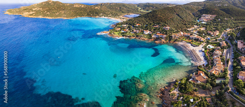 Sardegna (Sardinia) island aerial drone view of best beaches. Pevero beach near Porto Cervo in emerald coast (Costa Smeralda), Italy