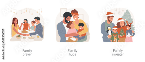 Family tradition isolated cartoon vector illustration set. People pray together, holding hands in prayer, happy moment, hug each other, family members wearing same sweater design vector cartoon. © Vector Juice