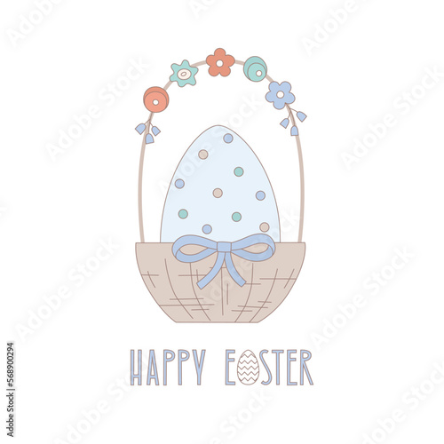 Blue Easter egg in basket. Vector illustration for card, invitation, banner, mail