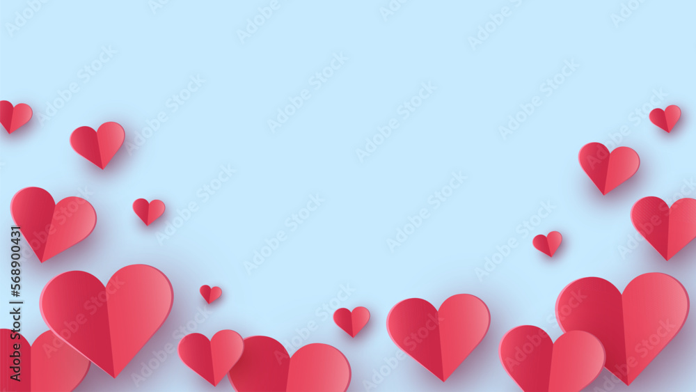 Flying paper hearts on blue background.  Symbols of love for Valentine’s Day, Mother’s Day and Women’s Day. Vector illustration