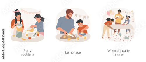 Home party isolated cartoon vector illustration set. Family make party cocktail, child use blender, prepare lemonade, kid squeezing lemon juice, party is over, cleaning mess vector cartoon.