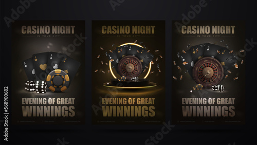 Casino night, set of invitation black posters with black and gold casino elements. Posters with Casino Roulette wheel, playing cards and poker chips