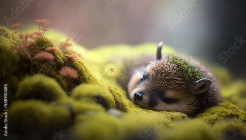  a baby hedgehog is curled up on a mossy surface with a tiny flower in its mouth and a tiny flower in its mouth. generative ai