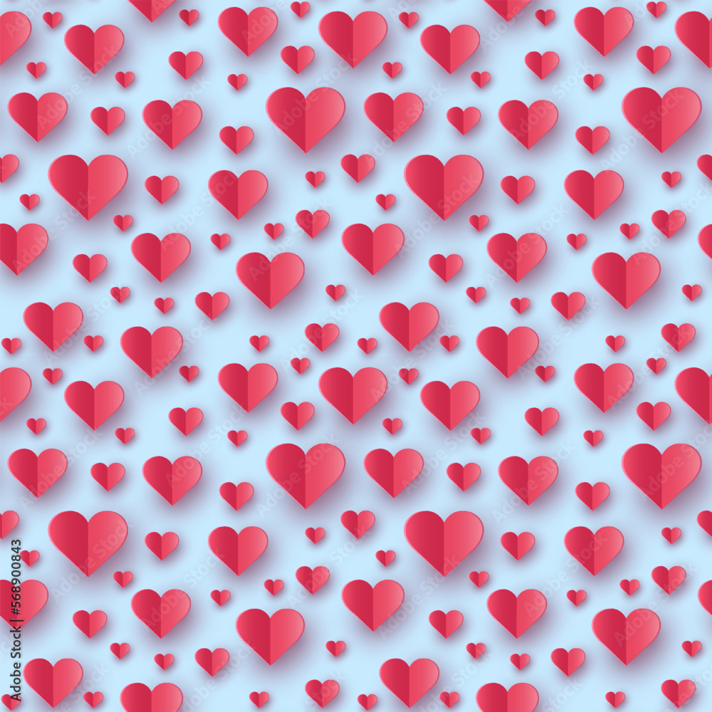 Flying paper hearts on blue background. Seamless pattern with symbols of love for Valentine’s Day, Mother’s Day and Women’s Day. Vector illustration