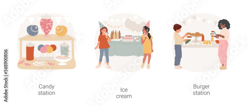 Hope party food ideas isolated cartoon vector illustration set. Candy station, sweet buffet, homemade ice cream, waffle cones, make your own burger, hamburger ingredient, home party vector cartoon.