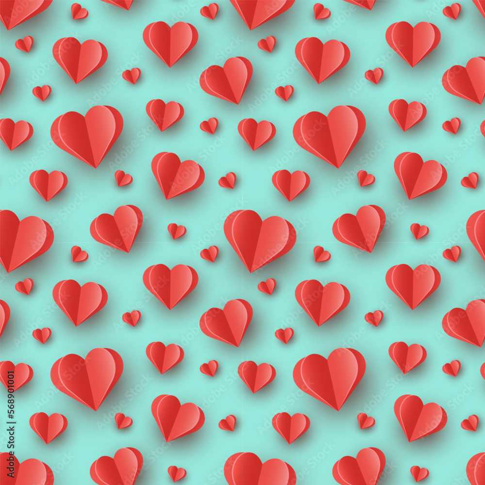 Paper cut hearts on blue background. Seamless pattern design. Vector illustration Paper cut hearts on blue background. Seamless pattern design. Vector illustration