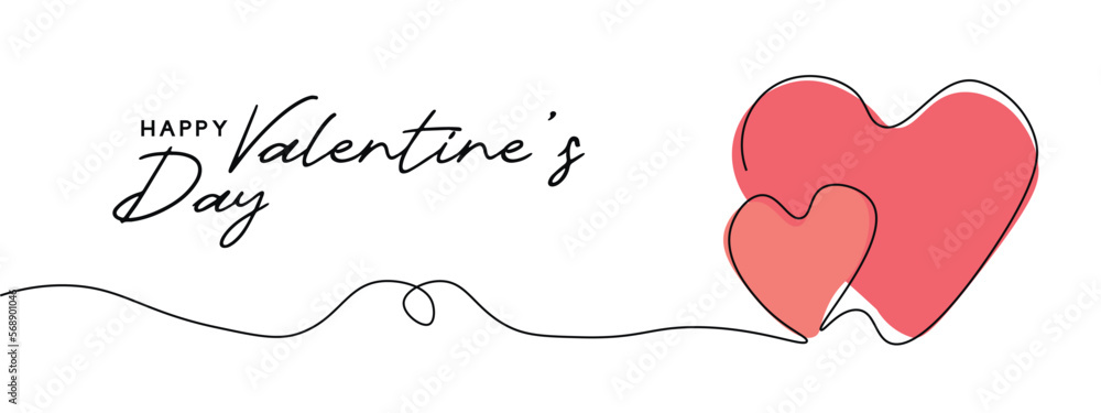 Happy Valentine's Day - Continuous line drawing of love sign with two hearts on white background. Vector illustration