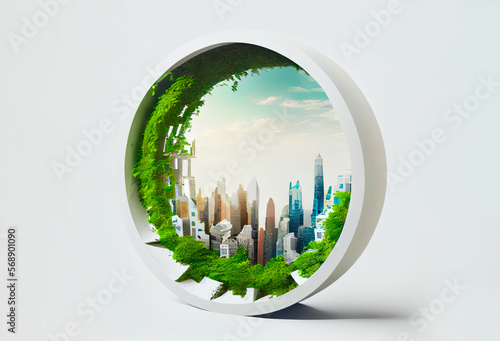 illustration of a huge window to a futuristic city which exists in harmony with nature. Ai generated