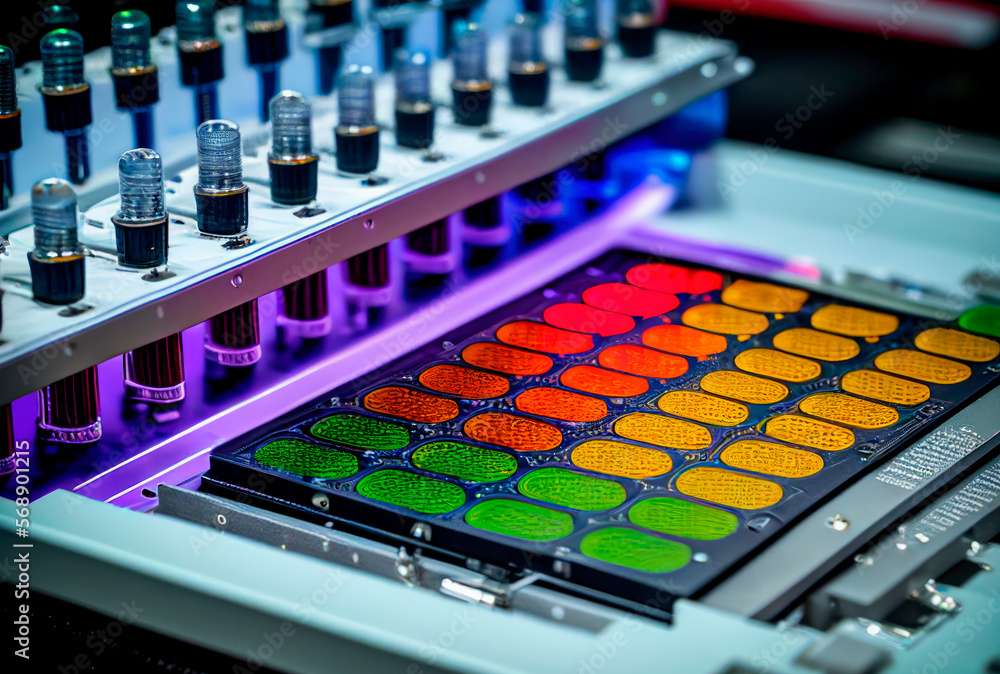 Analysis of samples in microplates by automation robotics. Ai generated