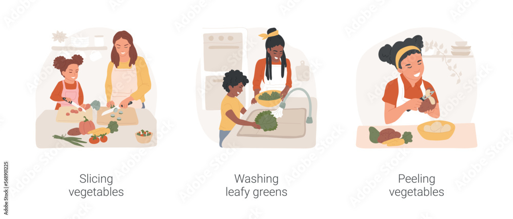 Preparing food with kids isolated cartoon vector illustration set. Slicing vegetables, kid learn to hold knife, washing leafy greens, peeling vegetables, child using peeler vector cartoon.
