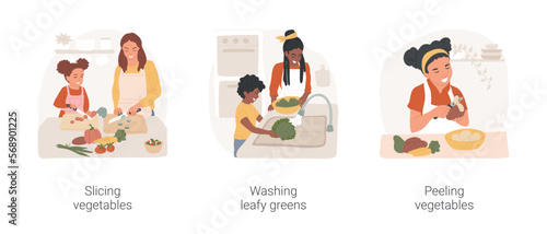 Preparing food with kids isolated cartoon vector illustration set. Slicing vegetables, kid learn to hold knife, washing leafy greens, peeling vegetables, child using peeler vector cartoon.