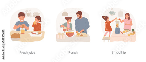 Homemade drinks isolated cartoon vector illustration set. Child squeezing fresh orange juice, learn to use squeezer, family making punch, prepare smoothie, kid put fruit in blender vector cartoon. © Vector Juice