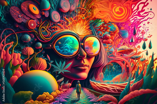 Psychedelic trip into wellness and escapism with surrealis and vibrant trippy illustrations. Generative AI photo