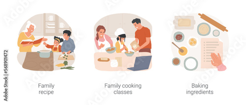 Family cooking isolated cartoon vector illustration set. Grandma recipe, family cooking tradition, watching lesson online, baking together, fresh ingredients, homemade pastry vector cartoon.
