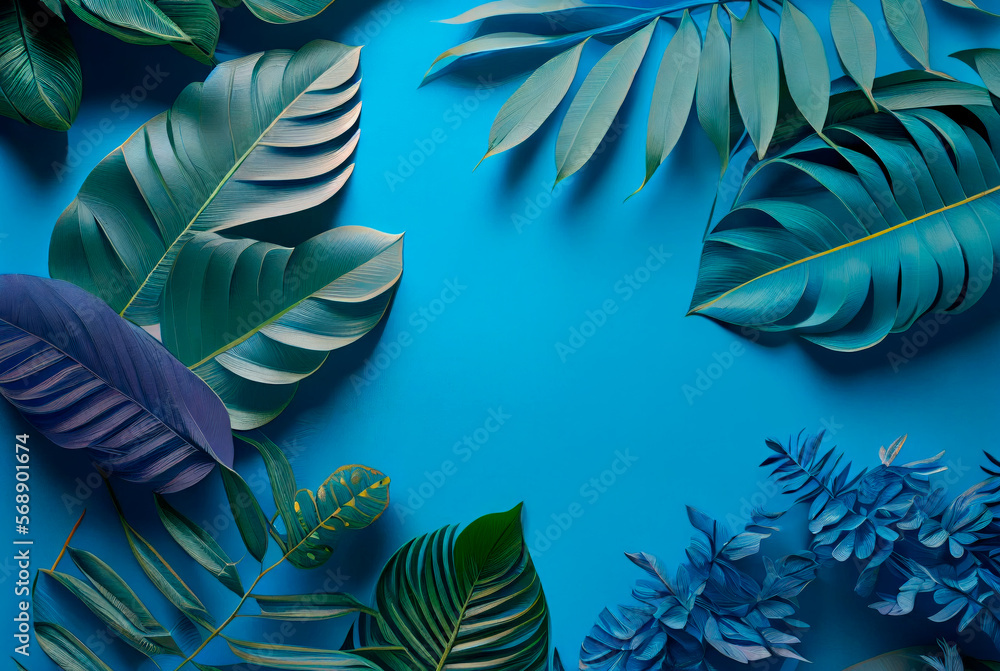 Collection of tropical leaves,foliage plant in blue color with space background. Ai generated Collection of tropical leaves,foliage plant in blue color with space background. Ai generated
