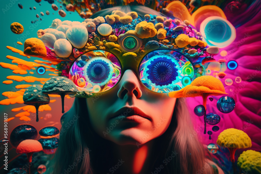 Psychedelic trip into wellness and escapism with surrealis and vibrant trippy illustrations. Generative AI - obrazy, fototapety, plakaty 