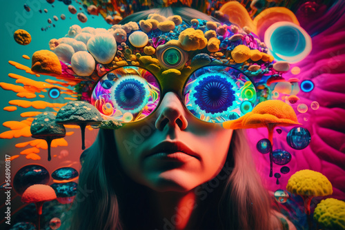 Psychedelic trip into wellness and escapism with surrealis and vibrant trippy illustrations. Generative AI photo
