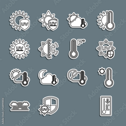 Set line Meteorology thermometer, UV protection, Thermometer and cloud, sun, Sun snowflake, and icon. Vector