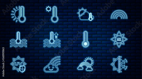 Set line Sun and snowflake, UV protection, Thermometer cloud, sun, Water thermometer, with, Meteorology and icon. Vector