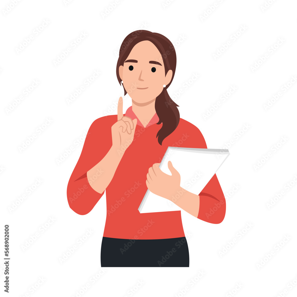 Young businesswoman office worker holding document file, chin up and thinking of something. Flat vector illustration isolated on white background Young businesswoman office worker holding document file, chin up and thinking of something. Flat vector illustration isolated on white background