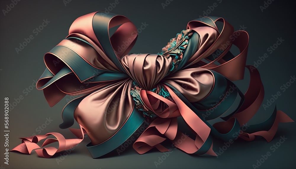 Fototapeta premium a large pink and blue bow on top of a black background with a pink ribbon around the bow and a green ribbon on the bottom of the bow. generative ai