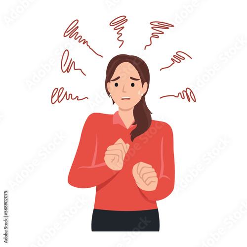 Young anxious worried woman girl teenager charater looking stressed and nervous. Flat vector illustration isolated on white background