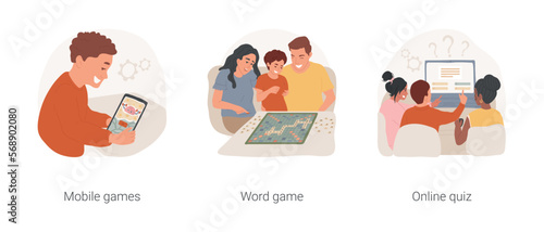 Brain games isolated cartoon vector illustration set. Mobile brain training apps, parents and kids playing word game, group of people solve online quiz together, leisure activity vector cartoon.