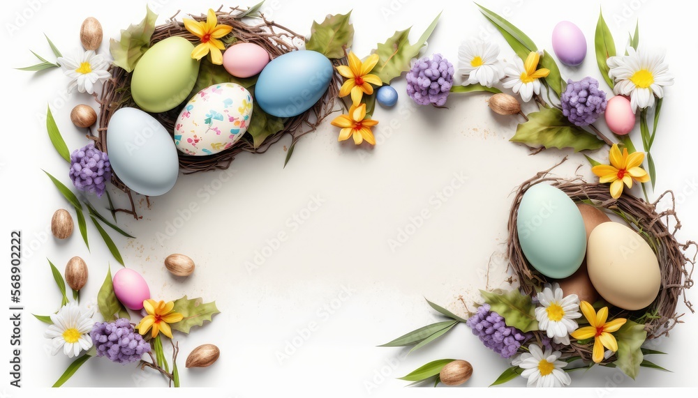 Easter background on white with  white copy space. Generative AI