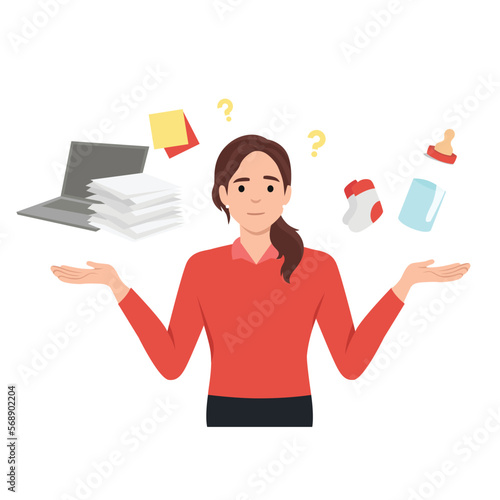 Confused woman thinking about motherhood or career. Frustrated female make decision of becoming mother or businesswoman. Family and work. Flat vector illustration isolated on white background