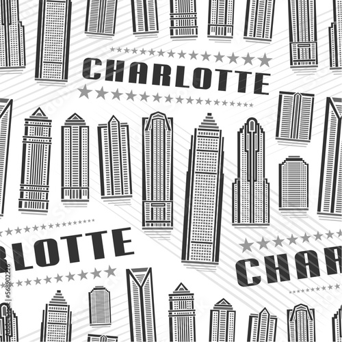 Vector Charlotte Seamless Pattern, repeat background with illustration of famous charlotte city scape on white background for wrapping paper, monochrome line art urban poster with black text charlotte