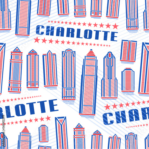 Vector Charlotte Seamless Pattern, repeating background with illustration of red charlotte city scape on white background for wrapping paper, decorative line art urban poster with blue text charlotte