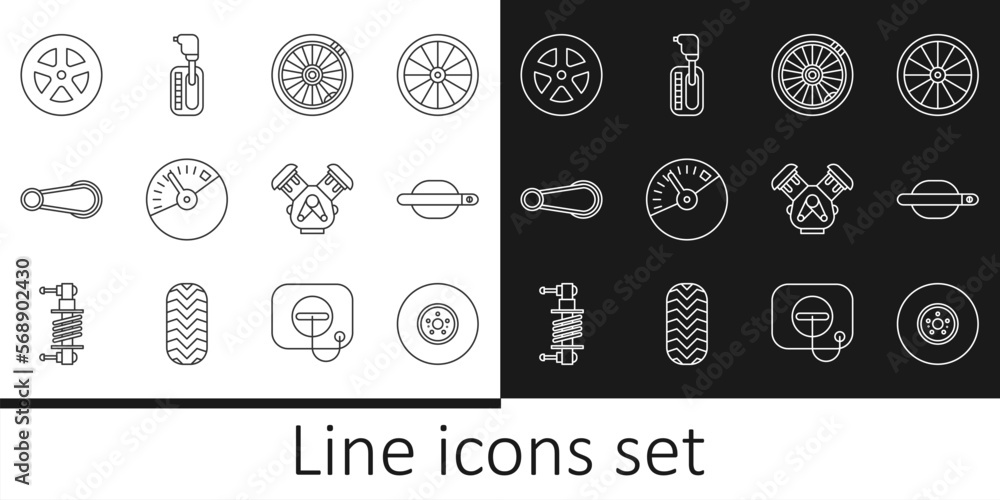 Set line Car brake disk, door handle, wheel, Speedometer, engine and Gear shifter icon. Vector