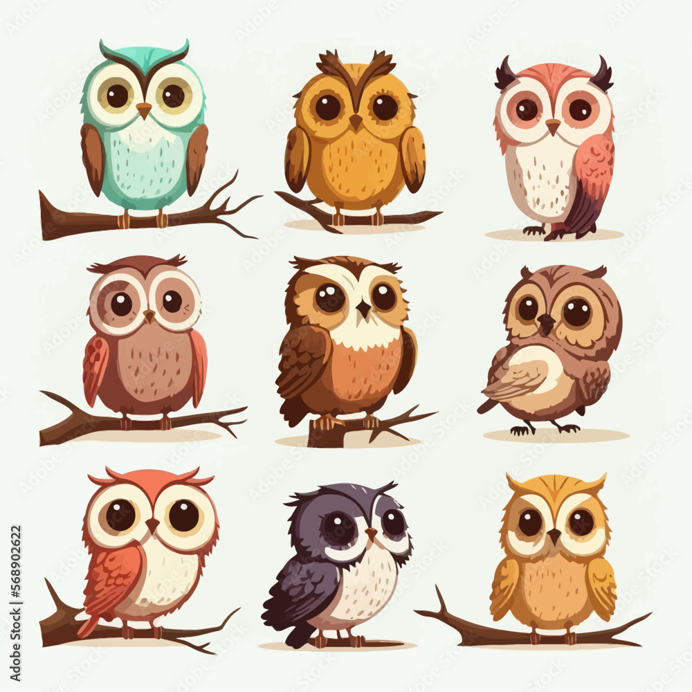 set of cute colorful owls isolated on white background set of cute colorful owls isolated on white background