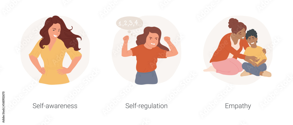 Emotional intelligence isolated cartoon vector illustration set. Self-awareness, confident woman, emotion regulation, child with clenched fist, show empathy, mom comfort kid vector cartoon.