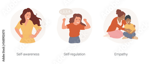 Emotional intelligence isolated cartoon vector illustration set. Self-awareness, confident woman, emotion regulation, child with clenched fist, show empathy, mom comfort kid vector cartoon.