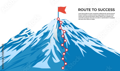 Mountain climbing route to peak with red flag on top in flat style 