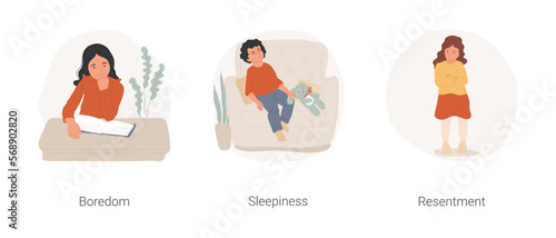Kids expressing feelings isolated cartoon vector illustration set. Feeling bored, child boredom, sleepiness and lack of energy, kid sitting with eyes closed, resentment, folded hand vector cartoon.