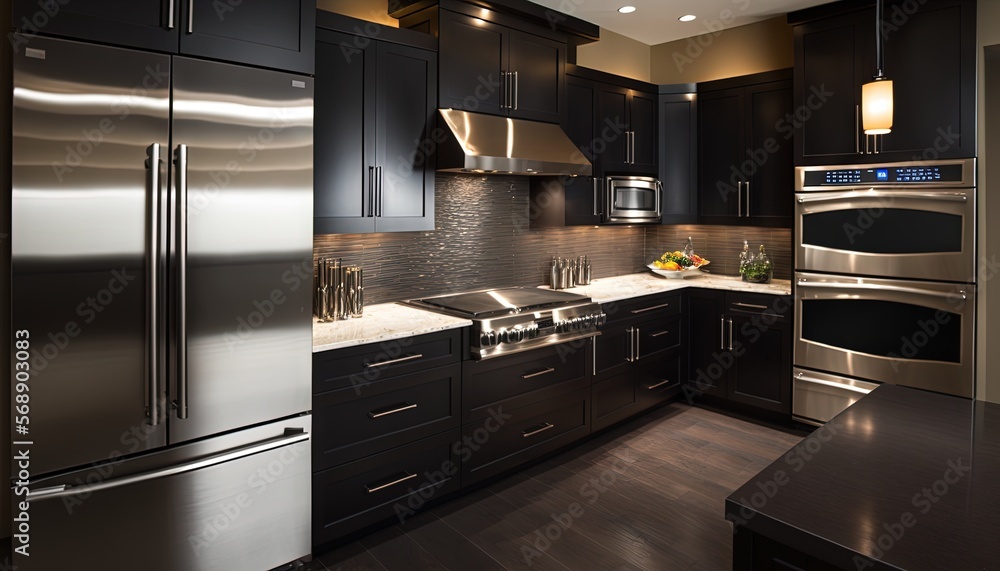 a modern kitchen with stainless steel appliances and dark wood cabinets and counter tops, along with dark wood flooring and a stainless steel refrigerator. generative ai a modern kitchen with stainless steel appliances and dark wood cabinets and counter tops, along with dark wood flooring and a stainless steel refrigerator. generative ai
