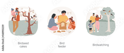 Nature connection activities isolated cartoon vector illustration set. Family hanging DIY birdseed cakes on a tree, parent and child build bird feeder, birdwatching with children vector cartoon.