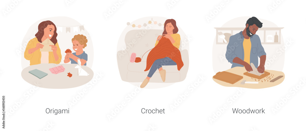 Hands-on creative hobbies isolated cartoon vector illustration set. Happy family making origami together, woman doing crochet, holding the knitting needles, woodwork hobby vector cartoon.