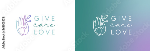 Logo diseño mano con corazón y hojas para terapeutas terapias naturales masajes osteopatía quiropráctico dar cuidar amor delicado aceites esenciales
