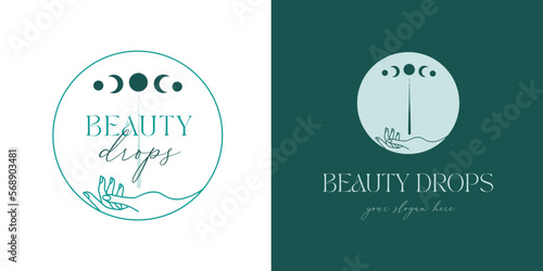 Logotipo elegante para marca de cosmética natural diseño minimalista de mano con luna y gota de esencia natural para productos de estética biológica ecológica redondo color azul celeste